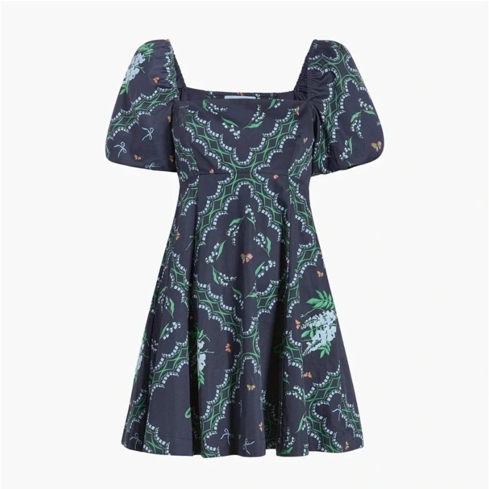 Hill House Home Matilda Mini Dress Navy Floral Patchwork Cotton Puff Sleeve S